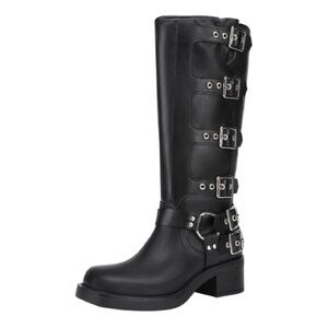 Athlefit Black Biker Riding Boots Buckles Square Toe Chunky Heel Wide Calf Sz 7